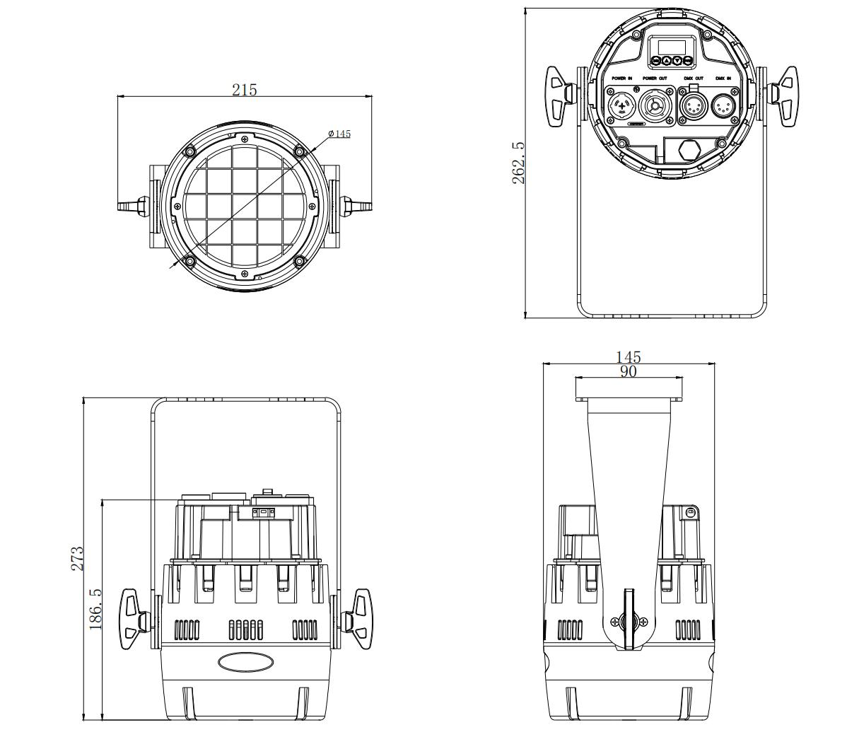 Dimension drawing front, rear, side
